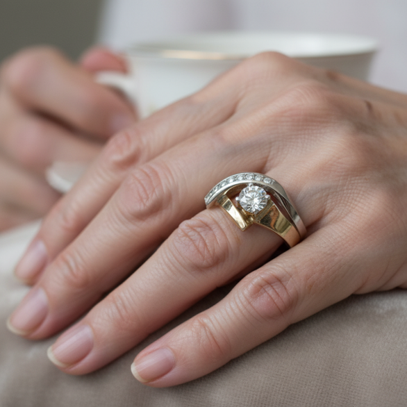 Vintage nepravilni prsten u zlatu i srebru s cirkonom