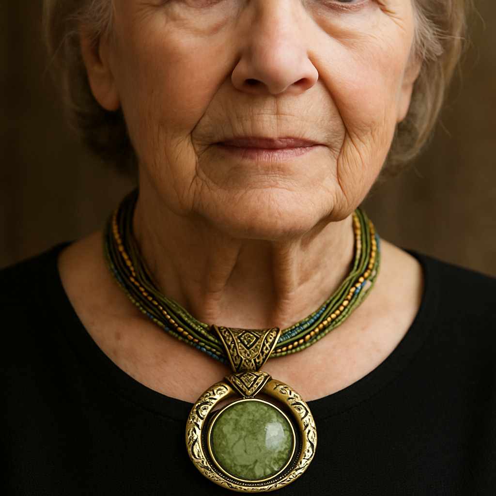 Vintage ogrlica s etničkim privjeskom od zelenog kristala