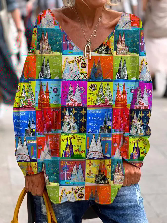 Lijepa, opuštena majica s V-izrezom i printom Kölner Karnevala za dame